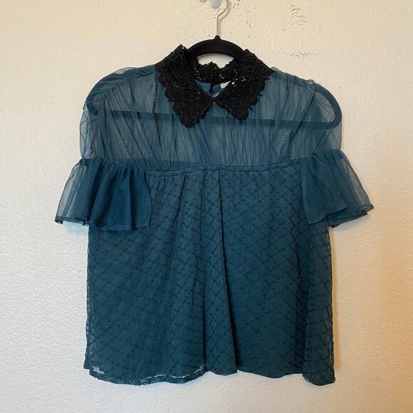 Tularosa Teal Textured Blouse Size XS Aritzia Dark Academia Sheer Tulle Lace - Picture 2 of 11